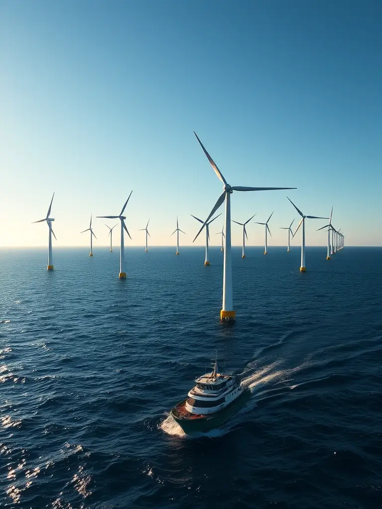 An aerial view of an offshore wind farm during the daytime, with multiple turbines spinning and a support vessel navigating the waters. The image emphasizes the scale and complexity of offshore wind projects.