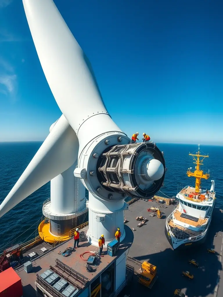 A high-angle, medium shot of a modern offshore wind turbine being assembled, with a supply vessel nearby, under a clear blue sky. The focus is on the turbine's components and the precision of the assembly process.